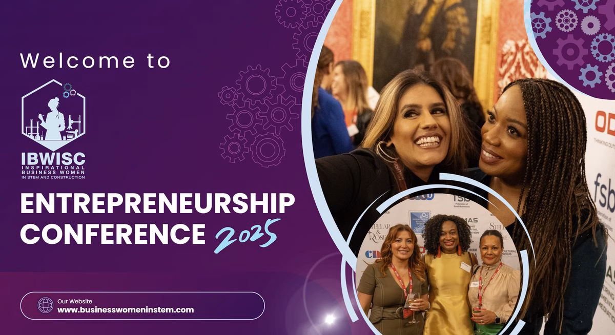Welcome slide for the IBWISC Entrepreneurship Conference 2025, designed by Stellar and Rose, with photographs from the awards