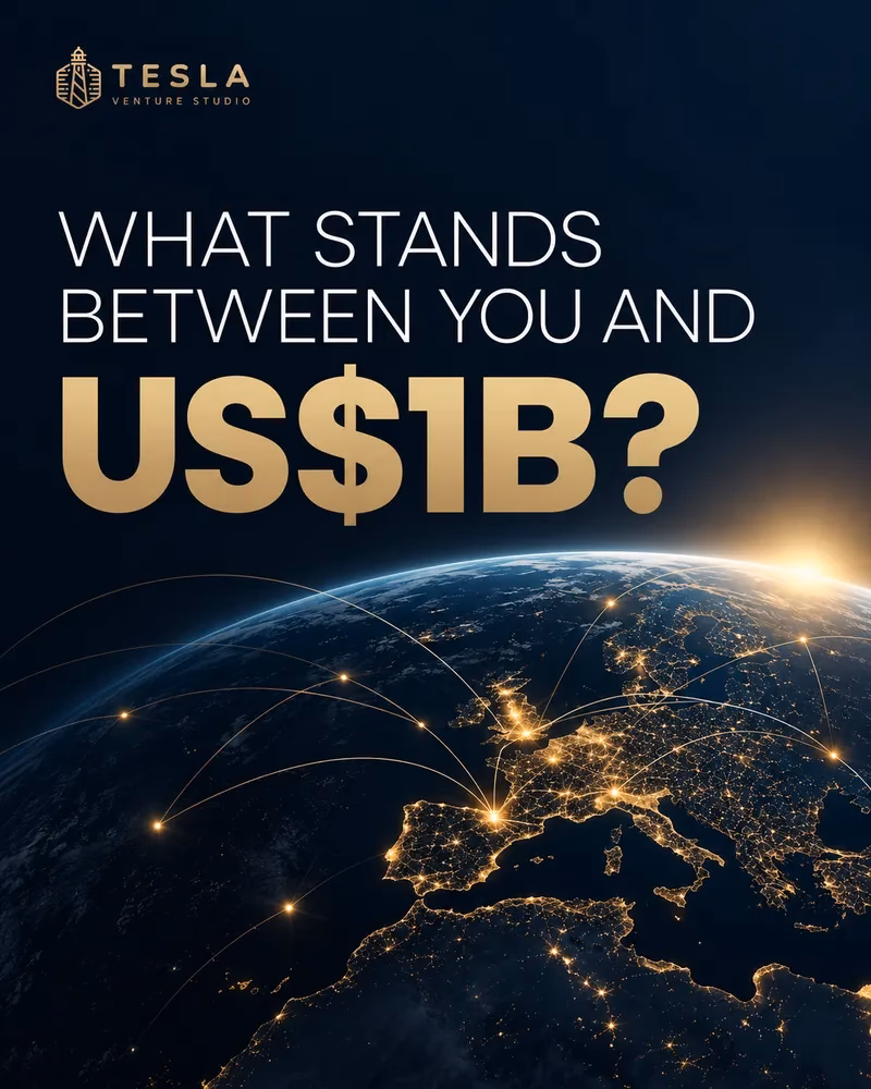 Tesla Venture Studio campaign graphic designed by Stellar and Rose asking what stands between you and US$1B, over a night view of Europe