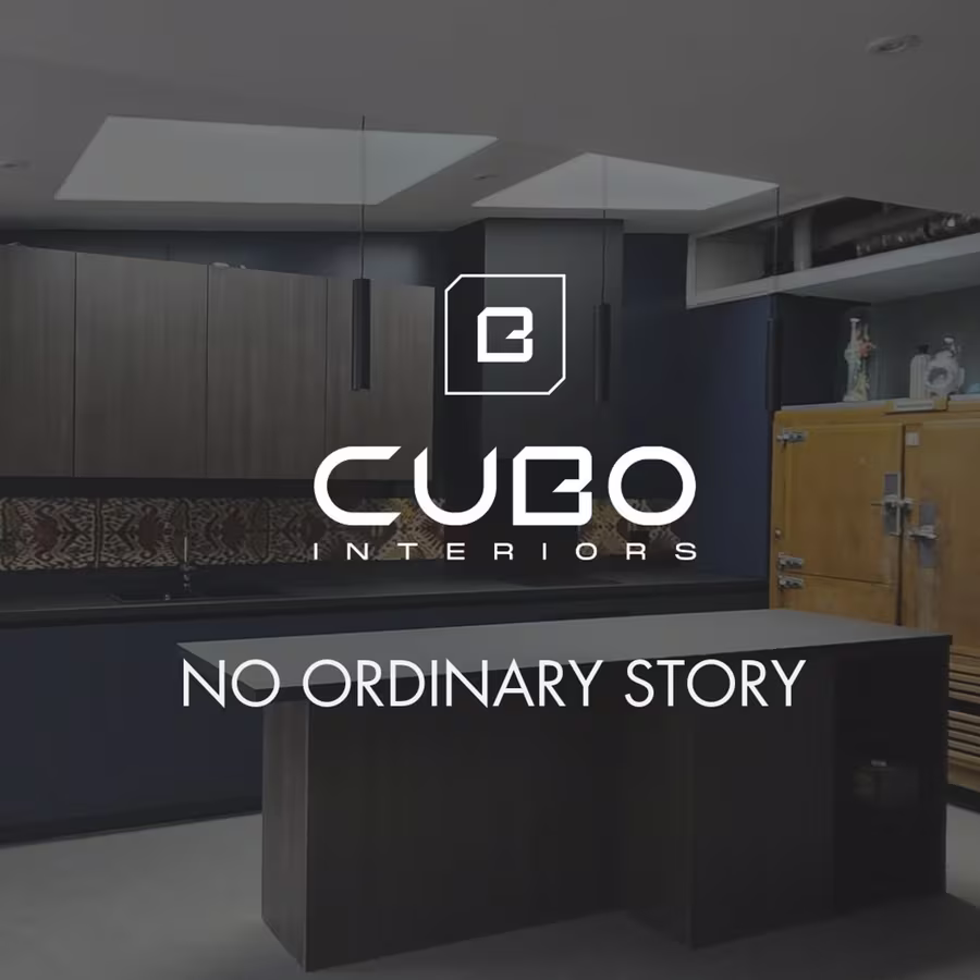 Cubo Interiors social post made by Stellar and Rose: the Cubo logo over a finished kitchen with the line ‘No ordinary story’