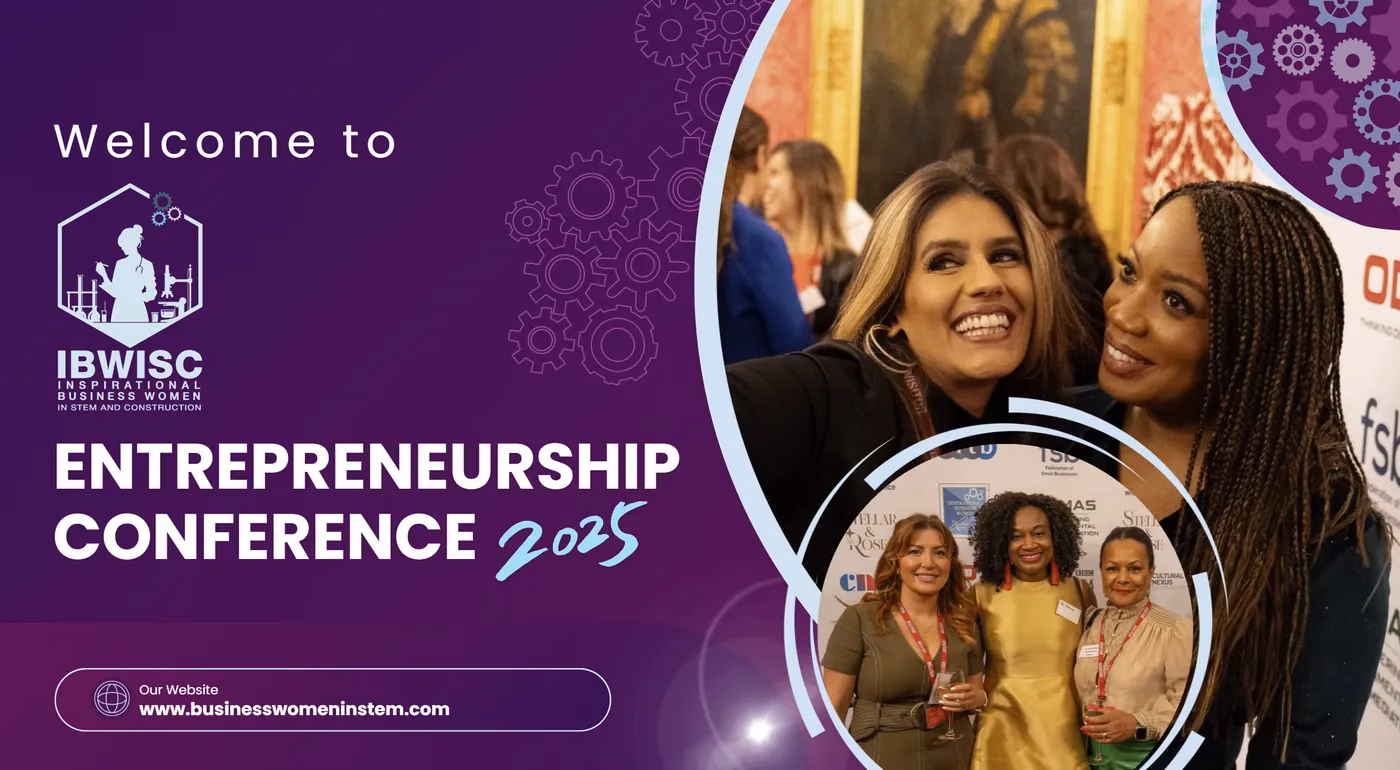 Welcome graphic for the IBWISC Entrepreneurship Conference 2025, designed by Stellar and Rose, with photographs of women at the awards